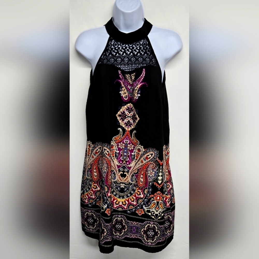 Black Floral Paisley Racerback Tunic Top Or Mini Dress S Polyester Upper Lace